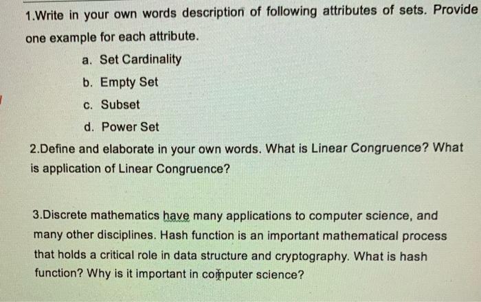 Solved 1.Write in your own words description of following | Chegg.com
