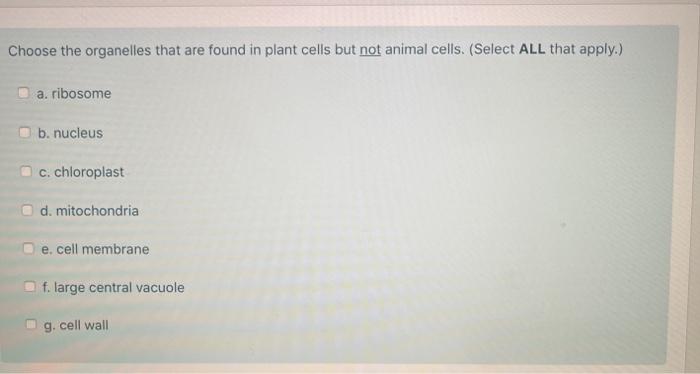 Choose The Organelles That Are Found In Plant Cells Chegg Com