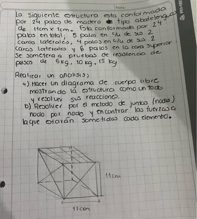 La siguiente estructura esta confor por 24 palos de madera esta tipo abatelenge de \( 11 \mathrm{~cm} \times 1 \mathrm{~cm} \