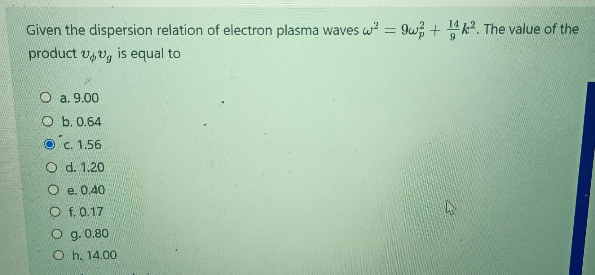 Solved Given the dispersion relation of electron plasma | Chegg.com