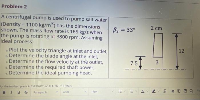Solved Problem 2 B2 = 33° 2 cm A centrifugal pump is used to | Chegg.com