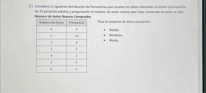 E) Considere la siguiente distribución de frecuencias que resume los datos obtenidos al tomar una muestra de 25 personas adul