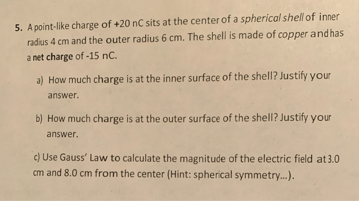 Solved 5. A point-like charge of +20 nC sits at the center | Chegg.com
