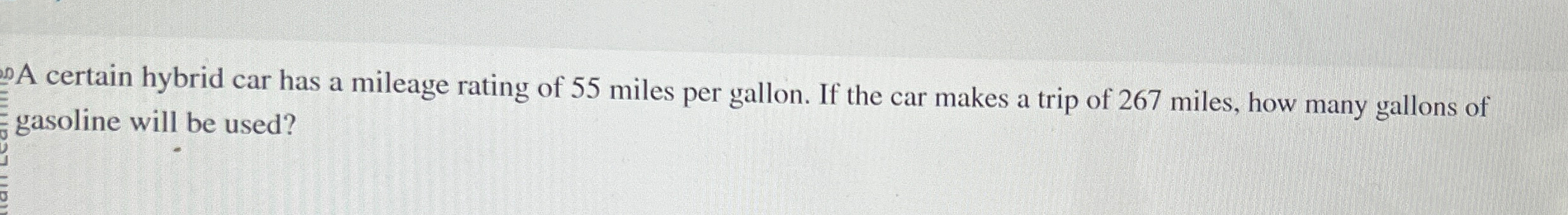 Solved A certain hybrid car has a mileage rating of 55 | Chegg.com