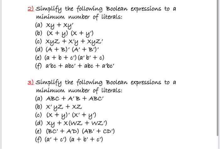 Solved 2) simplify the following Boolean expressions to a | Chegg.com