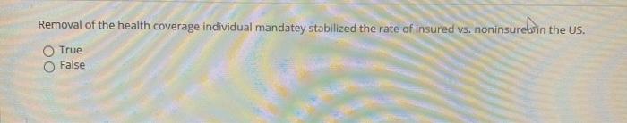 Removal of the health coverage individual mandatey stabilized the rate of insured vs. noninsureb in the US. O True False