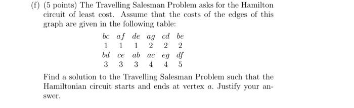 Solved f) (5 points) The Travelling Salesman Problem asks | Chegg.com