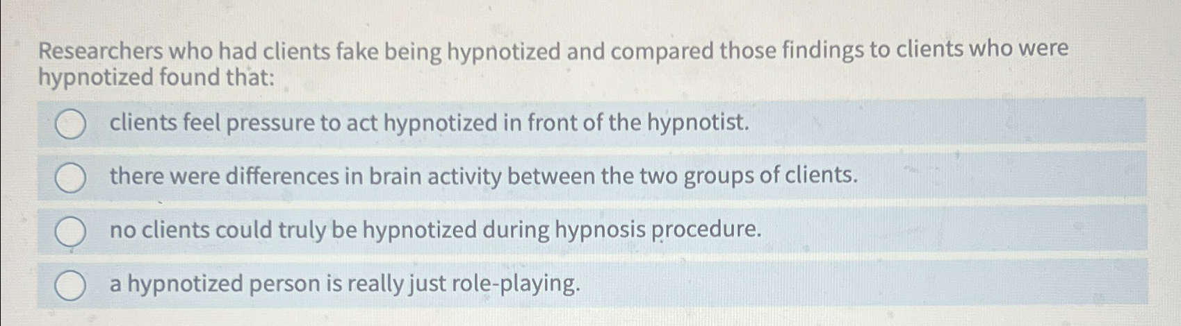 Solved Researchers who had clients fake being hypnotized and | Chegg.com