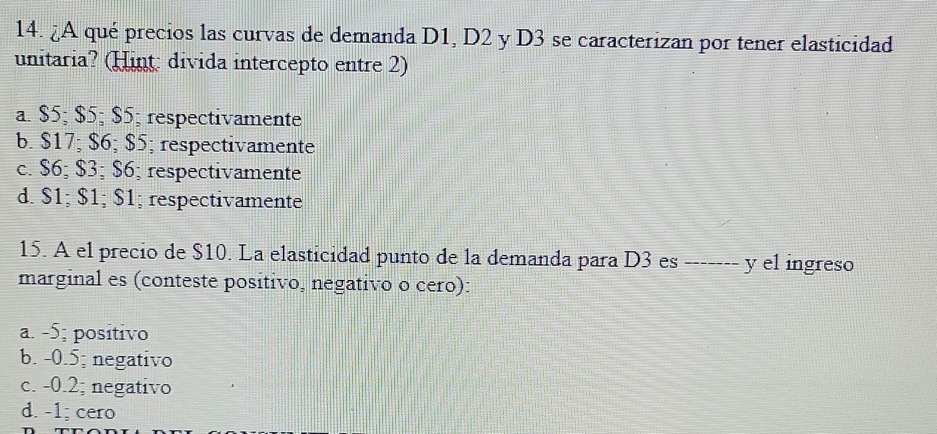 14. ¿A qué precios las curvas de demanda D1, D2 y D3 se caracterizan por tener elasticidad unitaria? (Hint: divida intercepto