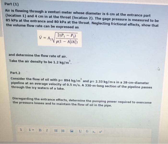 Solved Part (1) Air is flowing through a venturi meter whose | Chegg.com