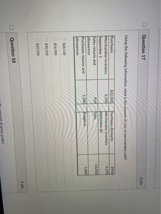 Solved D Question 17 2 pts Using the following information, | Chegg.com