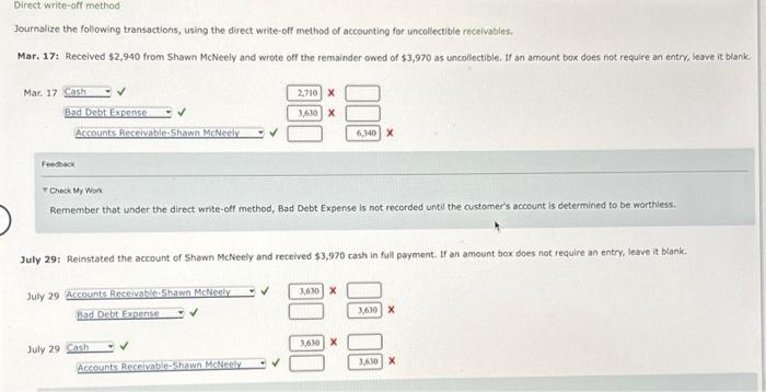 Solved Direct write-off method Journalize the following | Chegg.com