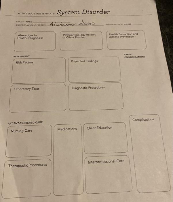 ACTIVE LEARNING TEMPLATE System Disorder SOMENDSCASE PRoces Alzheimer disease STUDENT NAME VIEW MODULE CHAPTER Alterations in