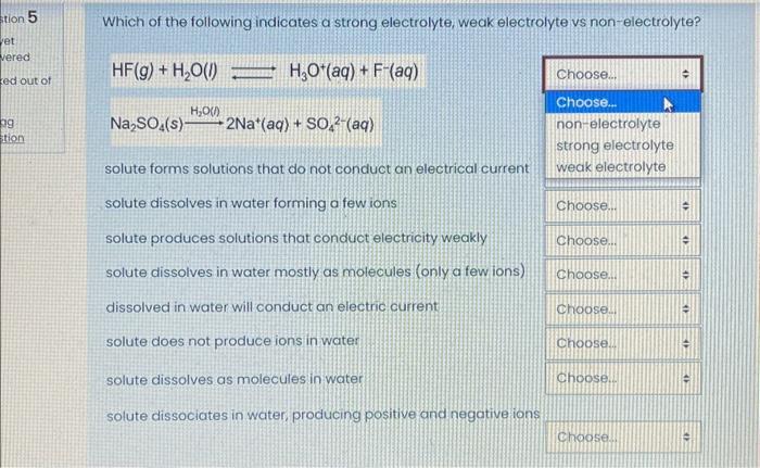 Which of the following indicates a strong electrolyte, weak electrolyte vs non-electrolyte?
\[
\begin{array}{l}
\mathrm{HF}(g