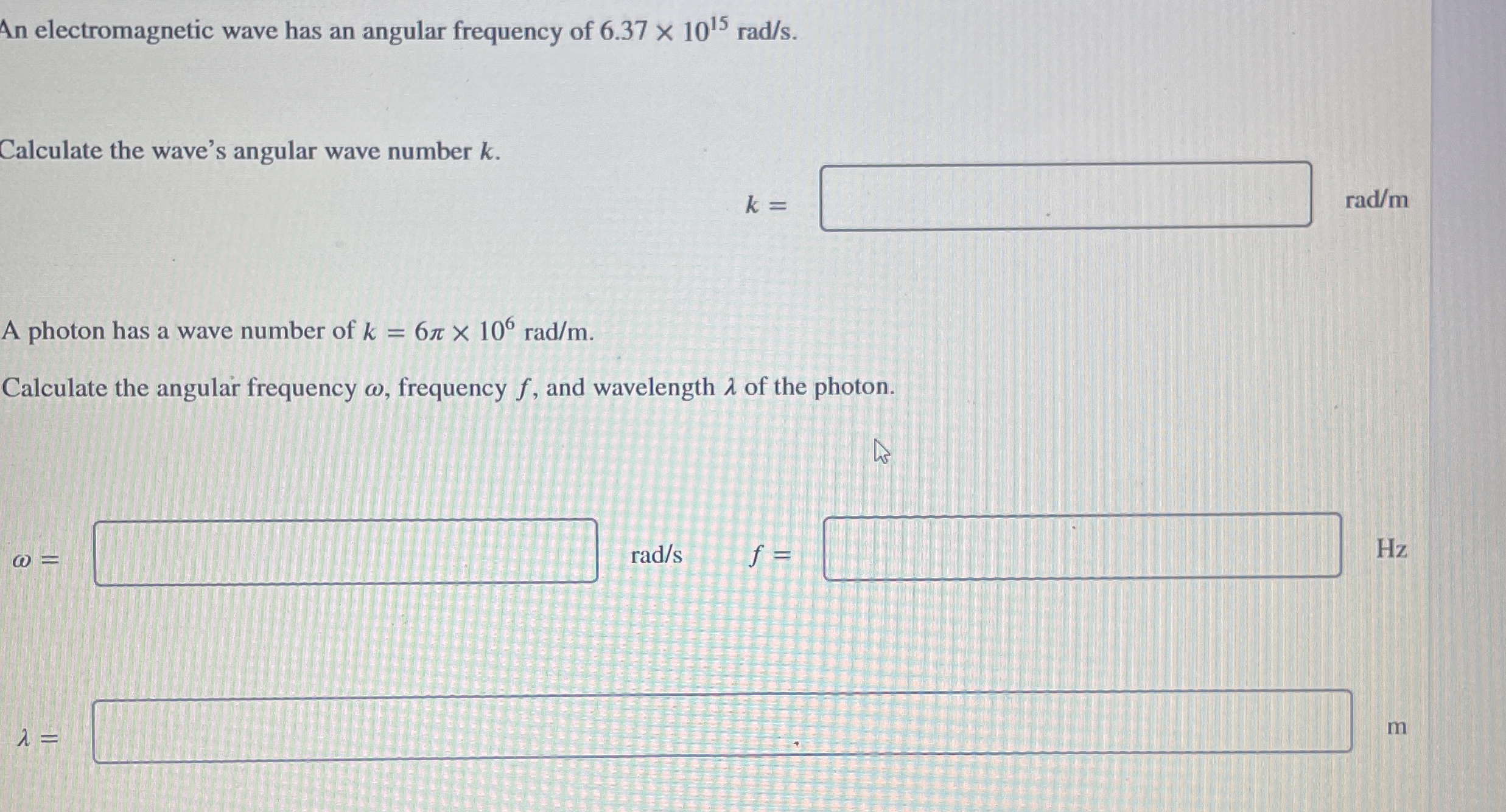 Solved An electromagnetic wave has an angular frequency of | Chegg.com