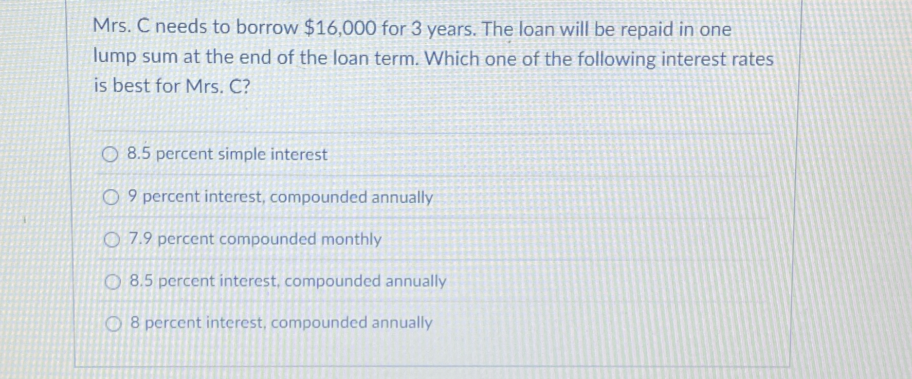 Solved Mrs. ﻿C needs to borrow $16,000 ﻿for 3 ﻿years. The | Chegg.com