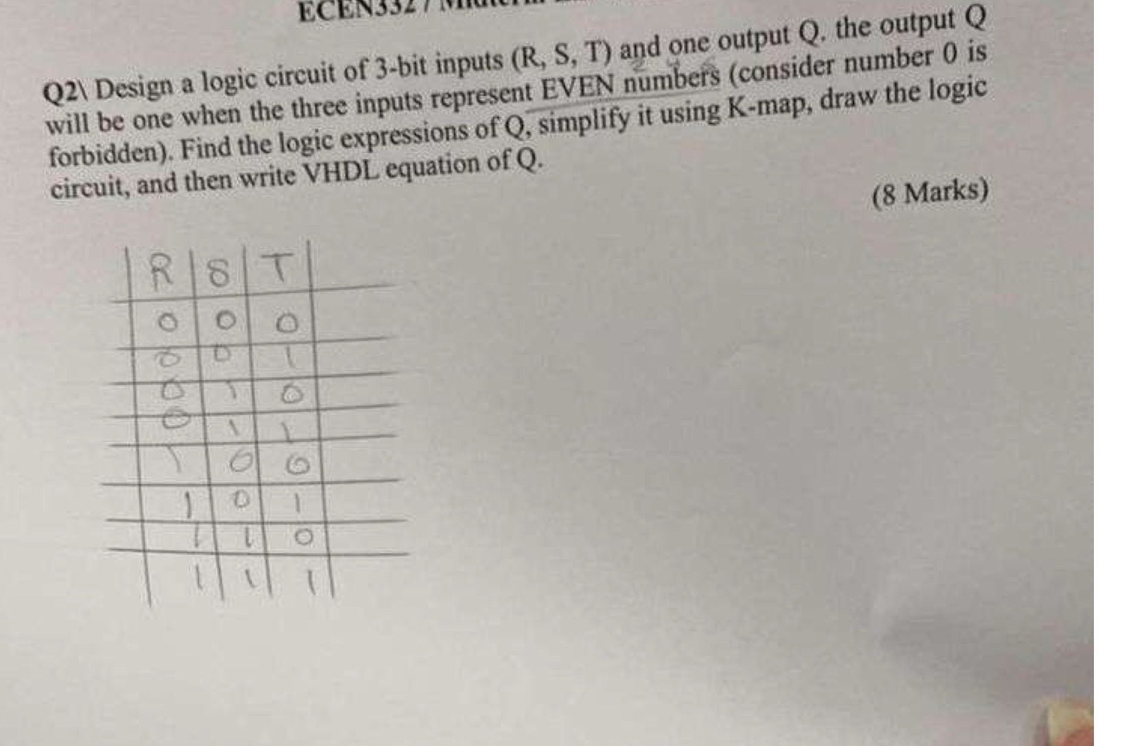 Solved Q2\ ﻿Design a logic circuit of 3-bit inputs (R,S,T) | Chegg.com