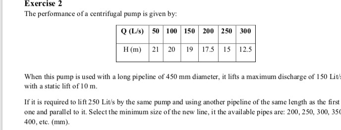 Solved Exercise 2 The perfomance of a centrifugal pump is | Chegg.com