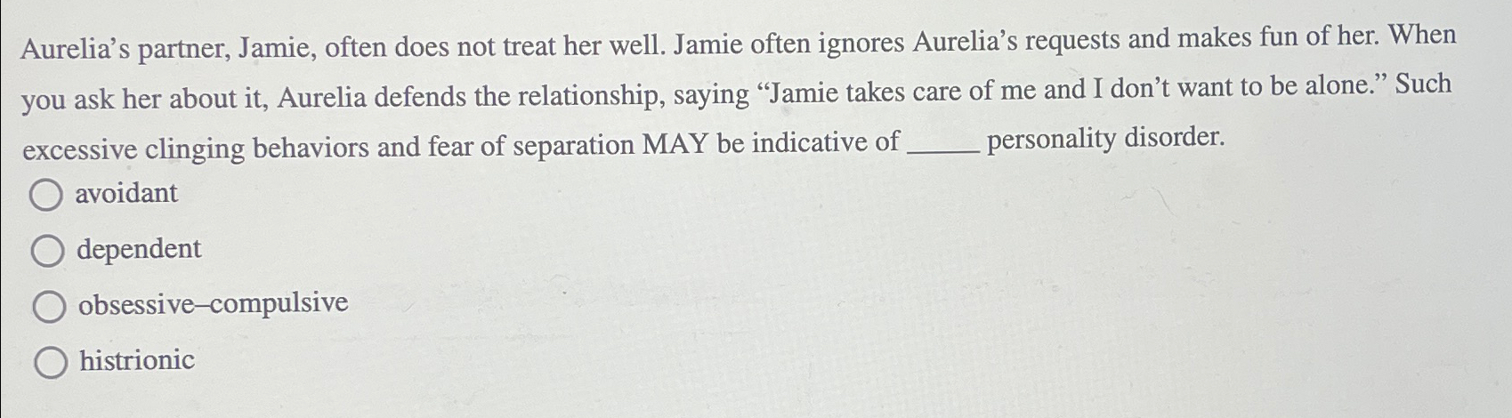 Solved Aurelia's partner, Jamie, often does not treat her | Chegg.com