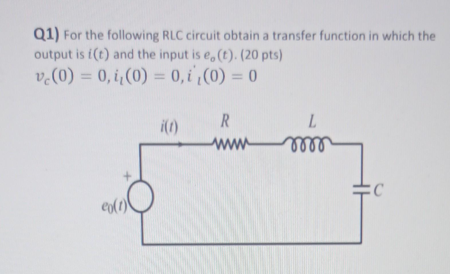 Solved Q1) For the following RLC circuit obtain a transfer | Chegg.com