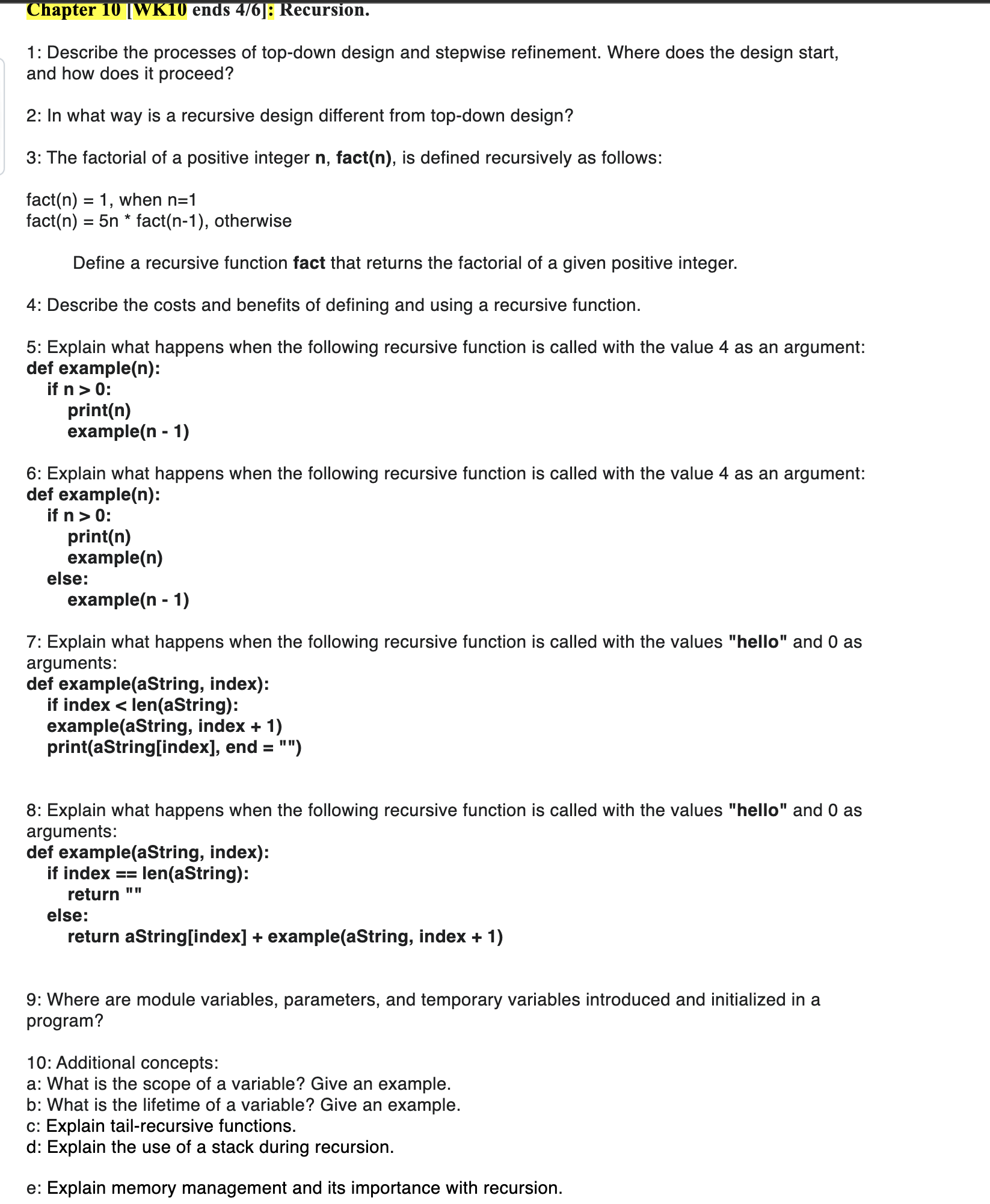 Solved Chapter 10 [WK10 ﻿ends 4/6]: Recursion.1: Describe | Chegg.com