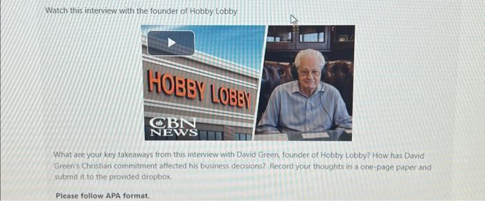 Solved Watch this interview with the founder of Hobby Lobby | Chegg.com