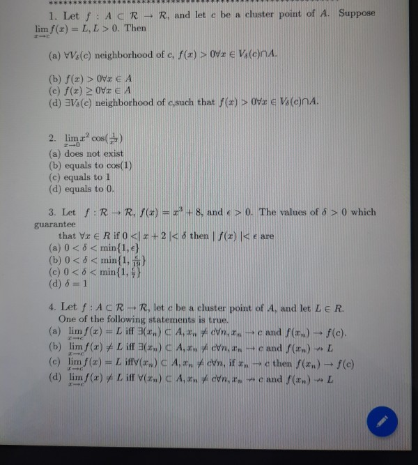 Solved 1 Let Acr R And Let C Be A Cluster Point Of Chegg Com