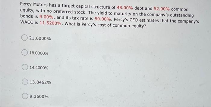 Solved Percy Motors has a target capital structure of 48.00% | Chegg.com