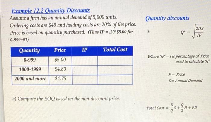 Solved Quantity discounts Q' = 2DS IP Example 12.2 Quantity