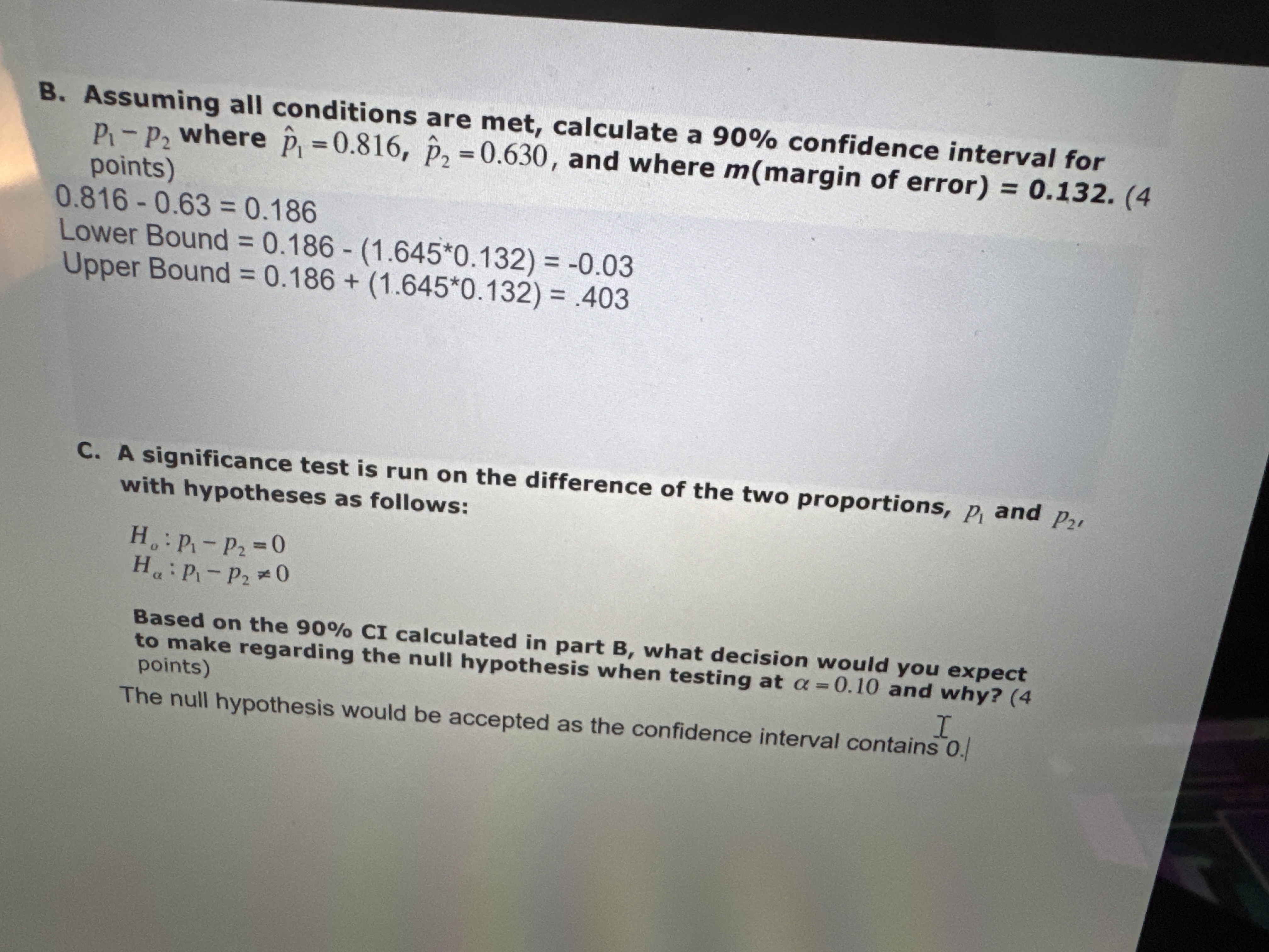 Solved C. ﻿A significance test is ﻿run on ﻿the difference of | Chegg.com