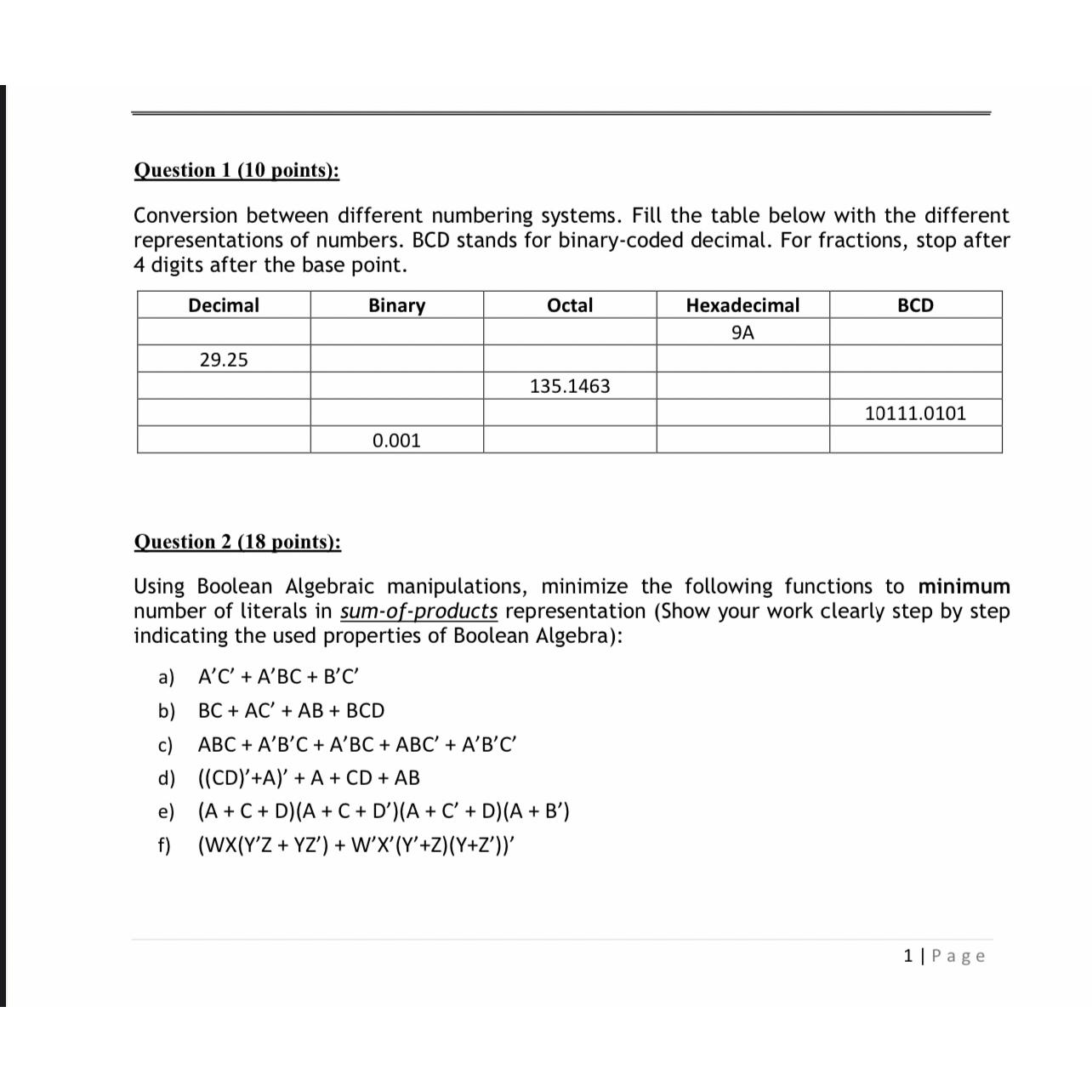 Solved Question 1 (10 ﻿points):Conversion Between Different | Chegg.com