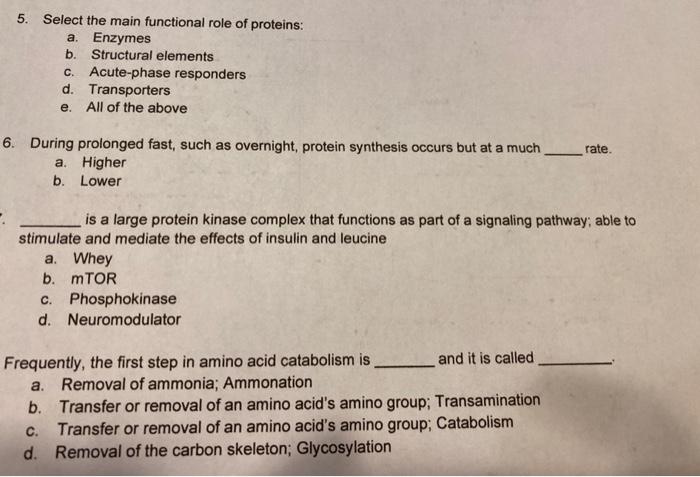 Solved 5. Select the main functional role of proteins: a. | Chegg.com