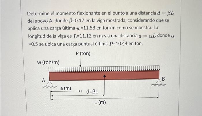 Determine el momento flexionante en el punto a una distancia \( d=\beta L \) del apoyo \( A \), donde \( \beta=0.17 \) en la