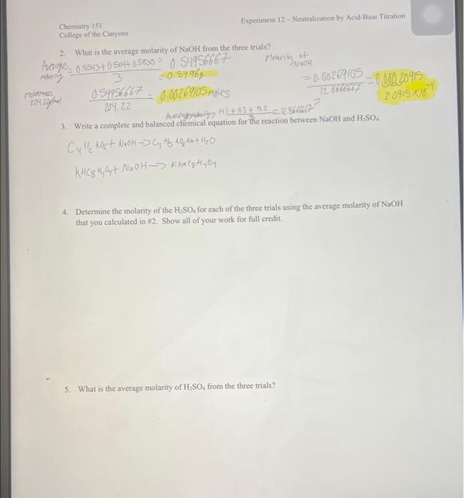 Solved Chemistry 151 Experiment 12 - Neutraliration by | Chegg.com