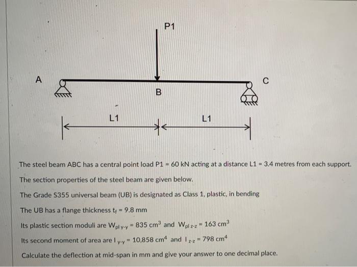 Solved P1 A B L1 L1 The steel beam ABC has a central point | Chegg.com