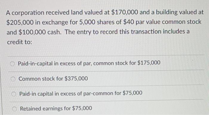 Solved A corporation received land valued at $170,000 and a | Chegg.com