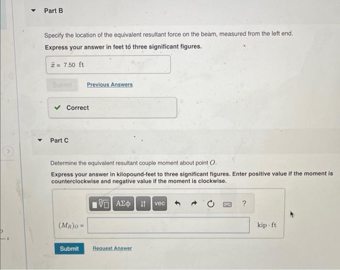 Specify the location of the equivalent resultant force on the beam, measured from the left end.
Express your answer in feet t