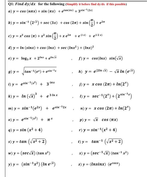 Solved Q1 Find Dy Dx For The Following Simplify It Before Chegg Com