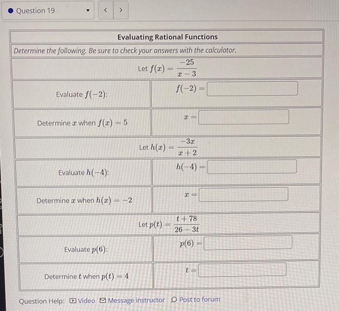 Solved Question 19 Evaluating Rational Functions Determine | Chegg.com
