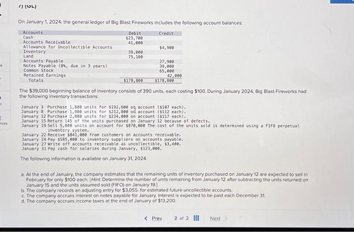 Solved On January 1 2024 The General Ledger Of Big Blast Chegg Com   Image