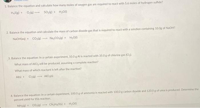 Solved 1. Balance the equation and calculate how many moles | Chegg.com