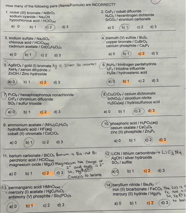 Solved How many of the following pairs (Name/Formula) are | Chegg.com