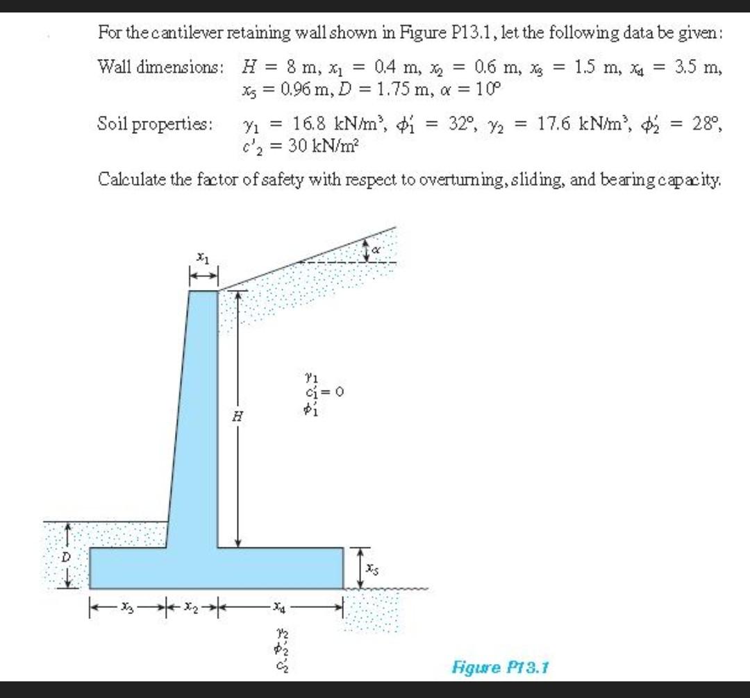 For the cantilever retaining wall shown in Figure P13.1, let the following data be given:
Wall dimensions: H = 8 m, x? = 0.4 