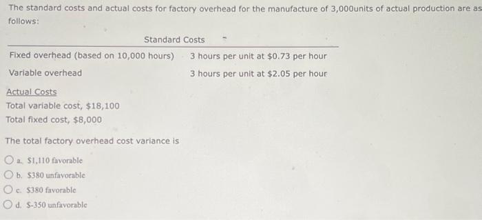 The standard costs and actual costs for factory | Chegg.com