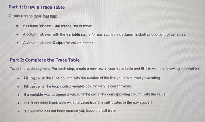 Solved Part 1 Draw a Trace Table Create a trace table that