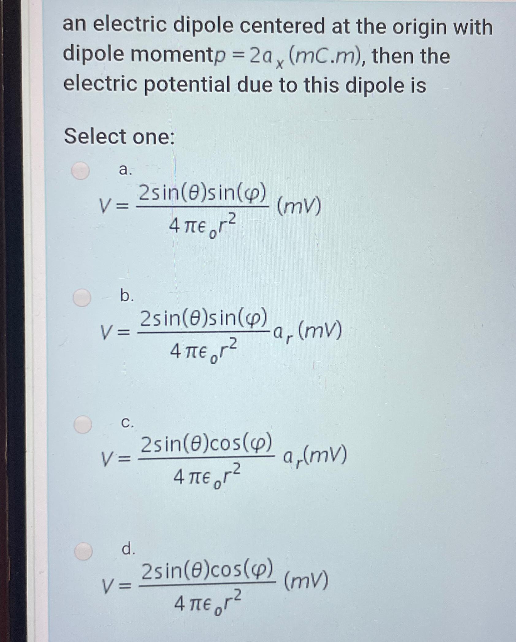 Solved an electric dipole centered at the origin with dipole | Chegg.com