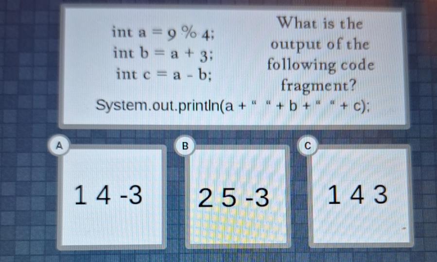 Solved Int A=9%4 ﻿int B=a+3 ﻿int C=a-bWhat Is The Output Of | Chegg.com