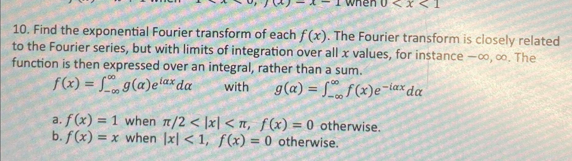 Solved Find the exponential Fourier transform of each f(x). | Chegg.com