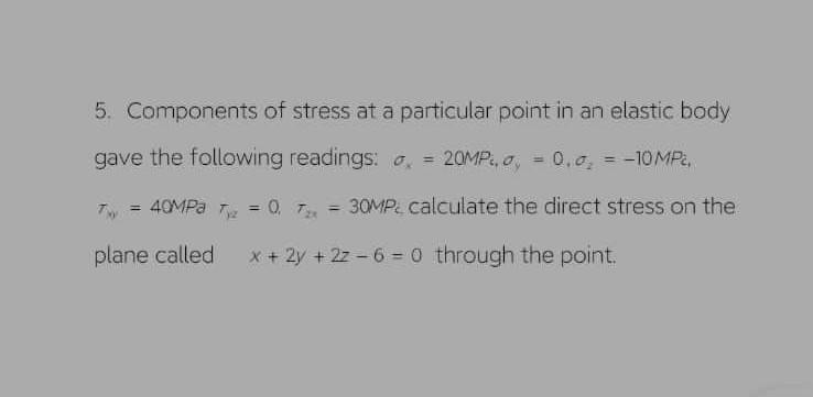 Solved 5. Components of stress at a particular point in an | Chegg.com