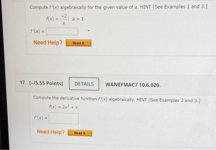Solved Compute f′(x) algebraically for the given value of a. | Chegg.com